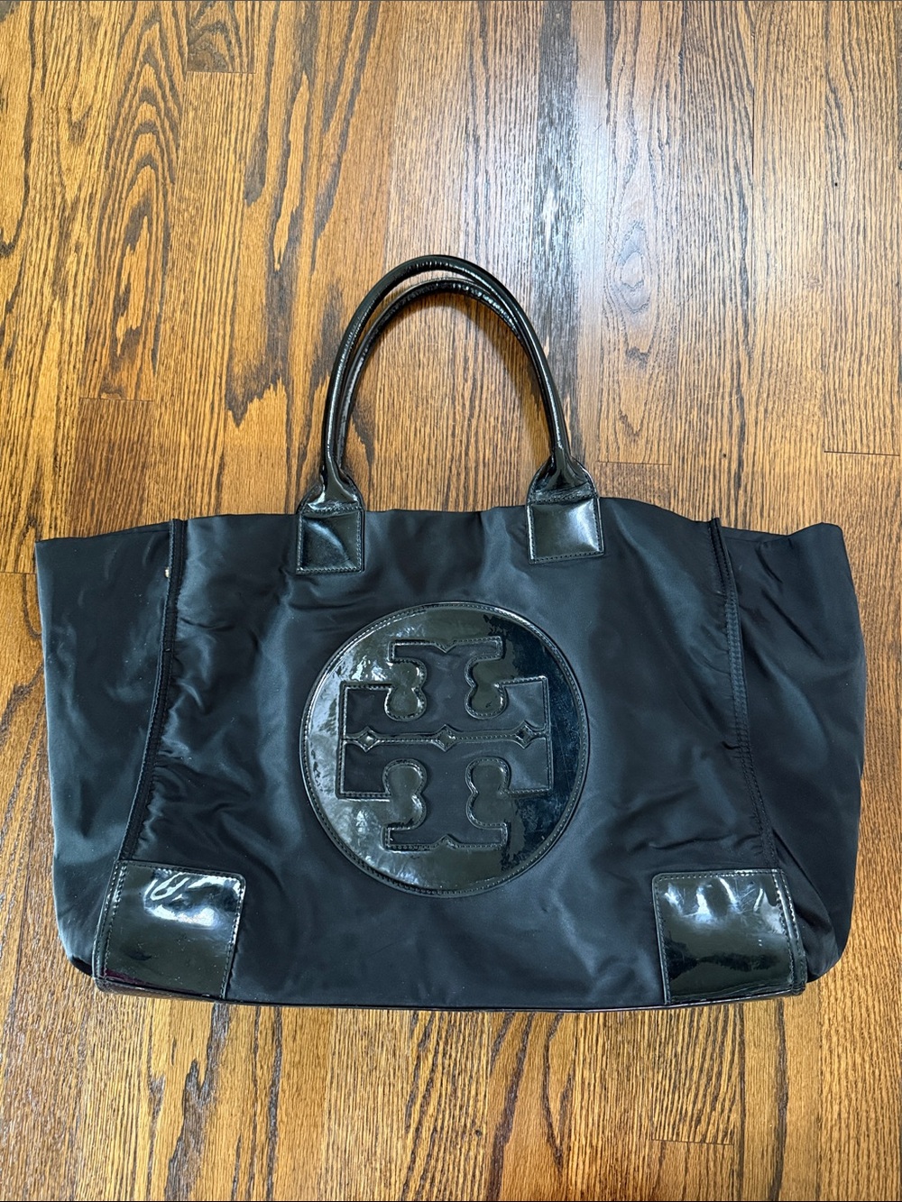 Tory Burch Black Nylon Tote with Patent Logo Accents